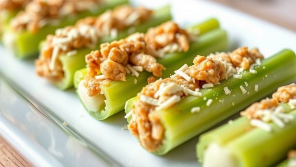Stuffed celery sticks with creamy spiced filling on a platter.