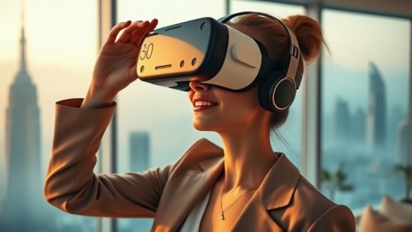 M5 Vision Pro being used by woman in modern living room with virtual cityscape.