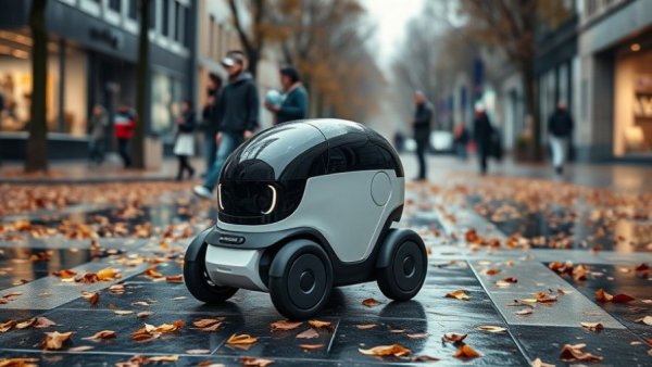 Uber Eats Starship robot delivering food on a rainy street.