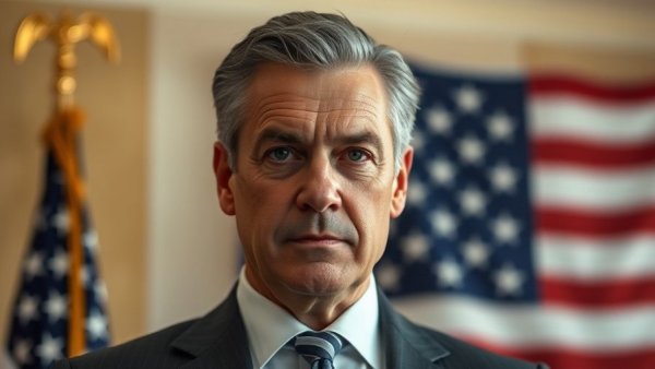 Middle-aged man posing in front of American flag.