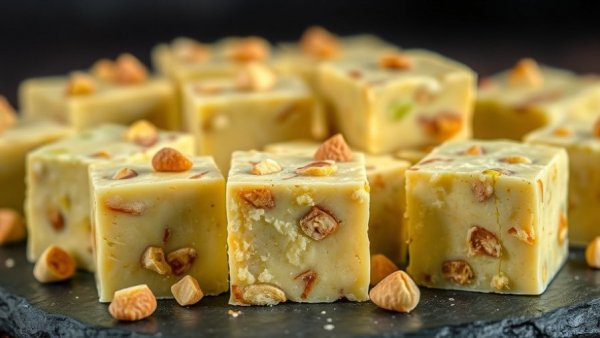Easy Pistachio Fudge Recipe cubes with pistachio bits on slate.