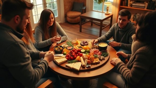Cozy group gathering over snacks, discussing ways to manage blood sugar during holidays.