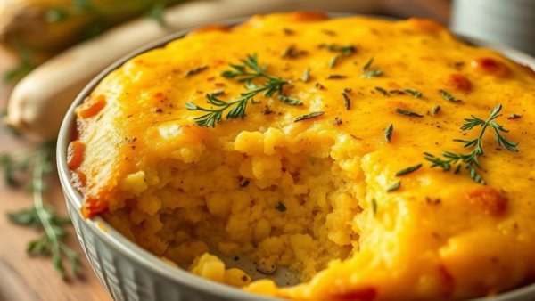 Corn pudding recipe dish with golden crust and herbs.
