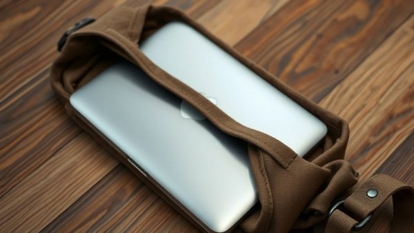 Low-cost MacBook launching in Q1 2026 partially inside a bag.