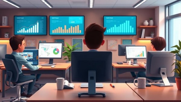 Cartoon office scene depicting HR software usage with charts and graphs.