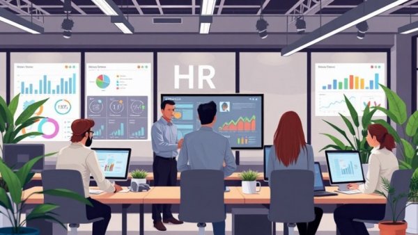 Cartoon office with digital HR system display and employees