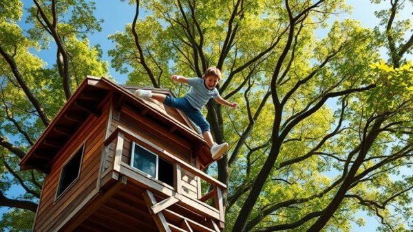 Action scene from The Sandlot with a person jumping from a treehouse.