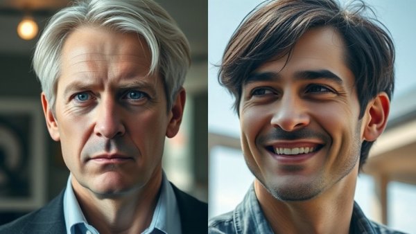 Portrait of two men, split view with contrasting expressions and lighting.