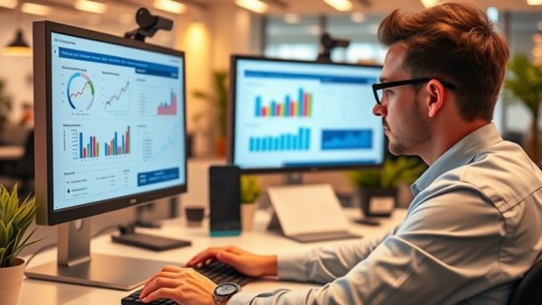 Male analyzing customer satisfaction survey questions in a modern office.