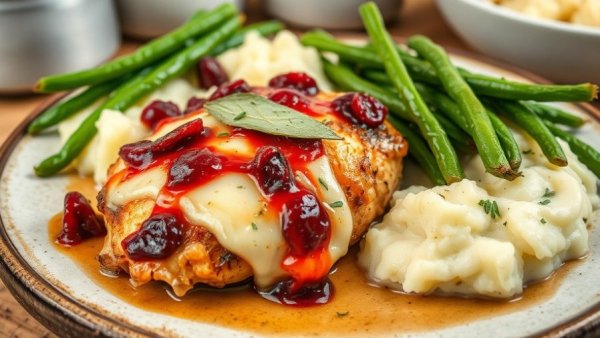 Cranberry chicken recipe with green beans and mashed potatoes.