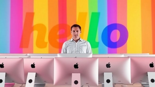 Tech leader stands with colorful iMacs against a 'hello' backdrop, Tim Cook CEO succession planning.