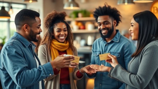 Cheerful group exchanging loyalty cards, showcasing best customer loyalty programs.