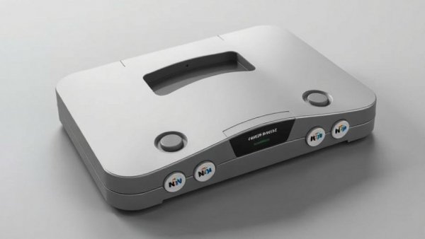 Sleek analogue 3D console with N64 games, neatly arranged.