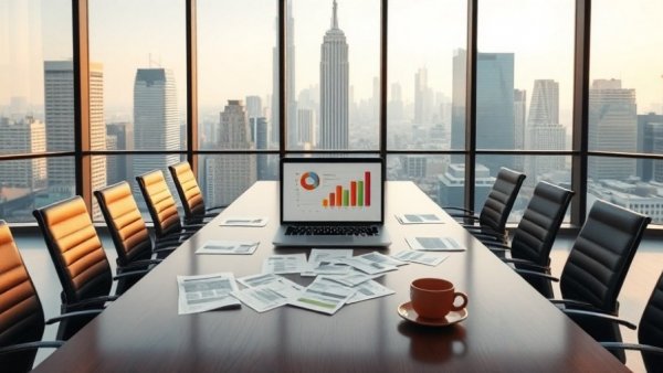 Franchise agreement review scene in modern office with city view.