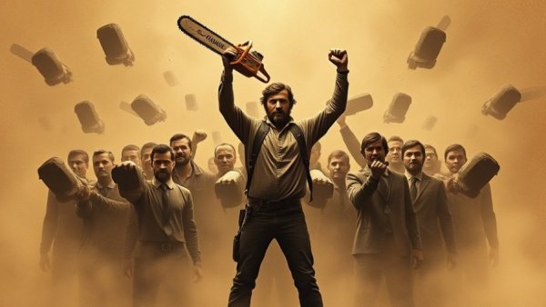 Central figure holding chainsaw amid a stylized group, Department of Government Efficiency.