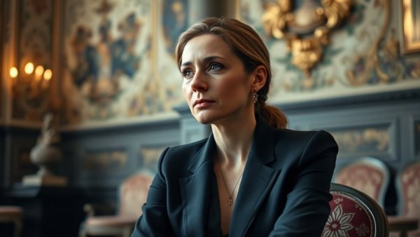 Woman in black suit with thoughtful expression amid ornate decor.