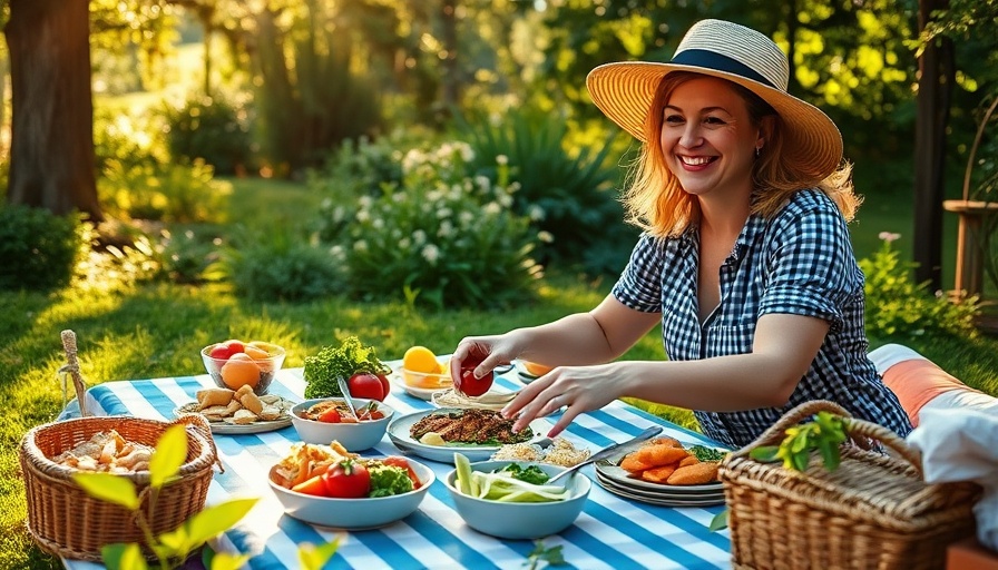 Smiling woman setting up no-cook dinner recipes outdoors.