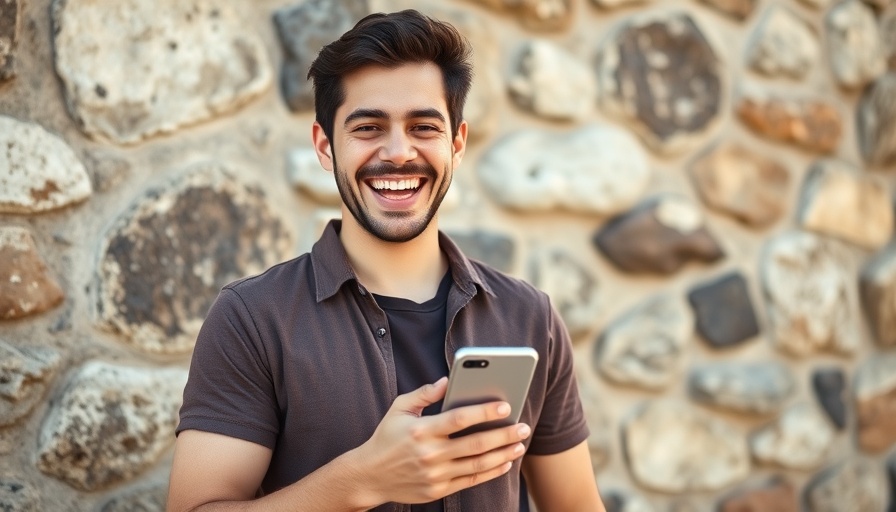 Smiling man holding phone in front of stone wall, Meta AI recruitment strategies.