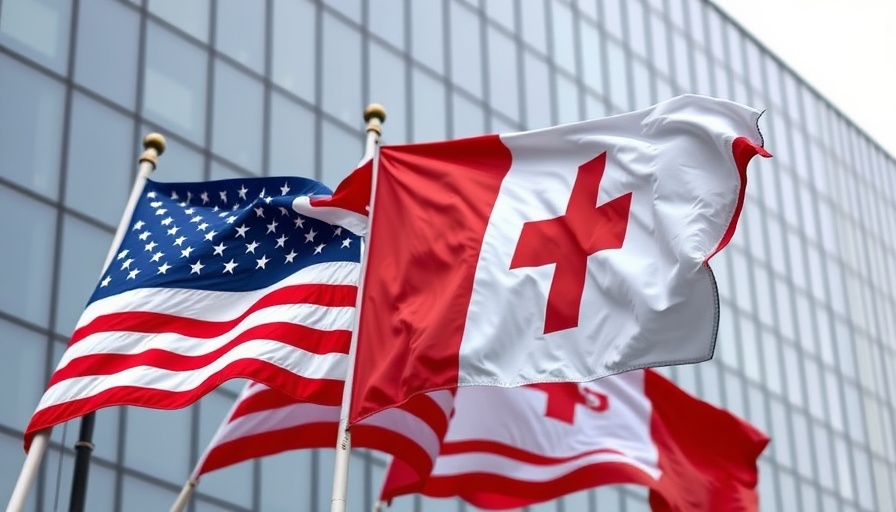 American and Appeal to Heaven flags waving before glass building.