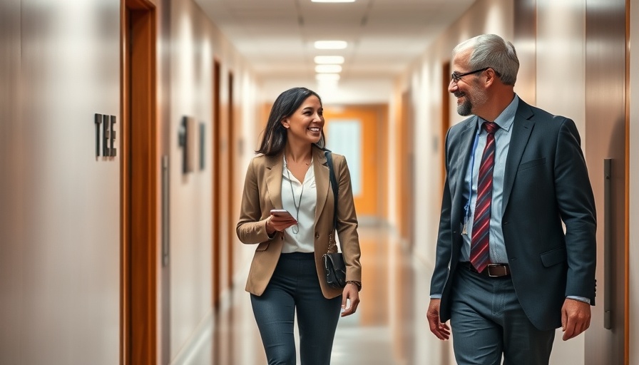 Innovative sales training discussion in modern office hallway.