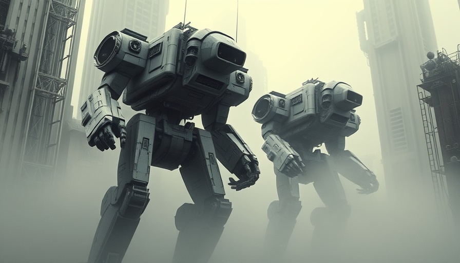 Giant retro robots in a foggy city scene from unfairly overlooked sci-fi films.