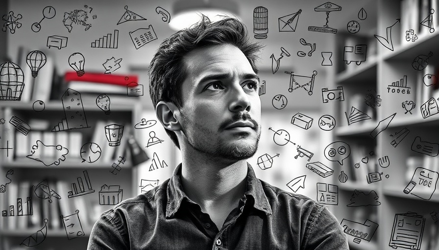 Thoughtful man with creative doodles, reflecting, discussing AI plagiarism.