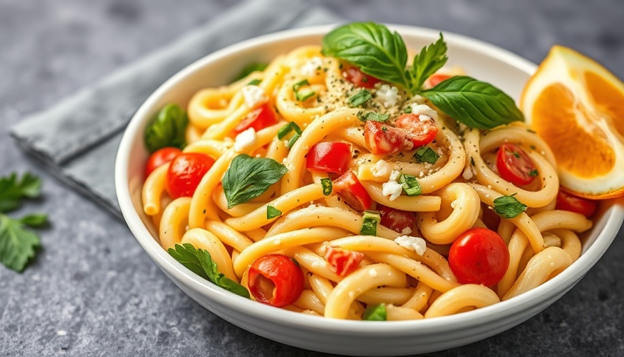 Vibrant elote pasta salad recipe in a bowl with lime and cilantro.