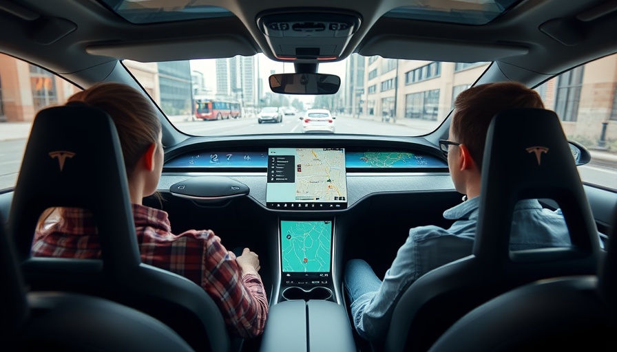 Interior of Tesla robotaxi in Austin with passengers and digital dashboard.