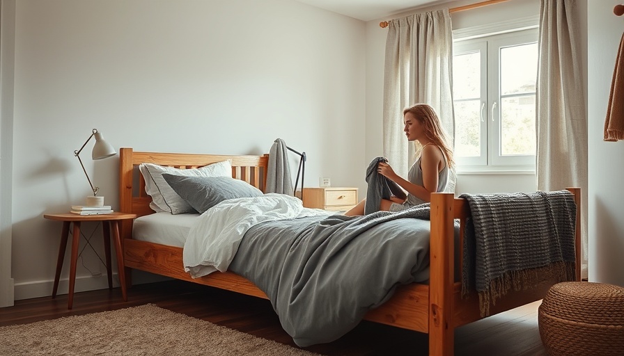 Young woman sitting on a bed in a cozy bedroom, natural light.