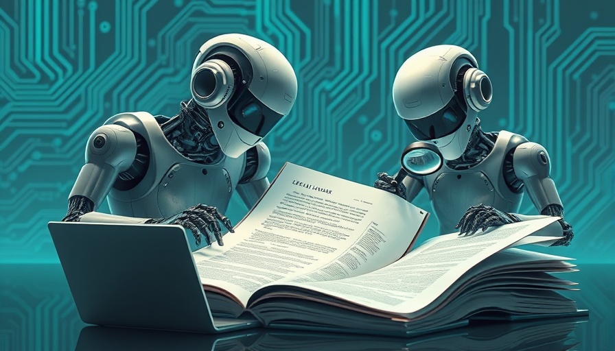 Futuristic robots analyzing legal documents in digital setting for Clio Acquisition of vLex.