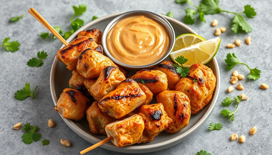 Grilled chicken satay with peanut sauce and lime wedges.