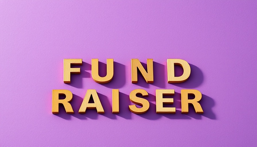 Wooden 'Fund Raiser' letters on purple and blue background.