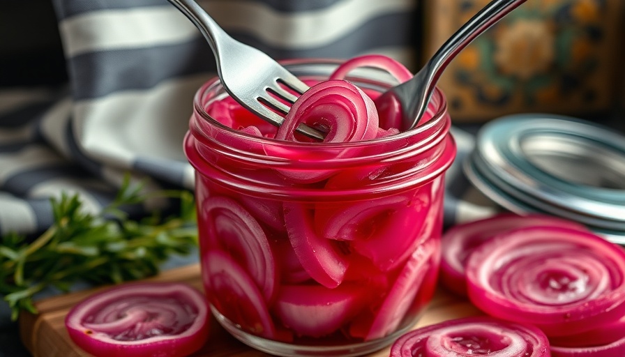 Easy Homemade Pickled Red Onions in a glass jar with a fork.