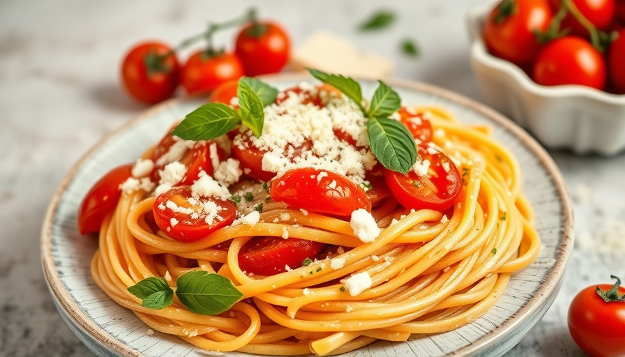 Cherry tomato pasta recipe with cheese and herbs on light surface.
