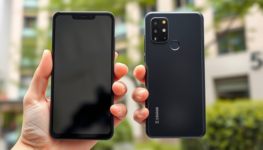 Sleek modern smartphone held outdoors with urban backdrop.