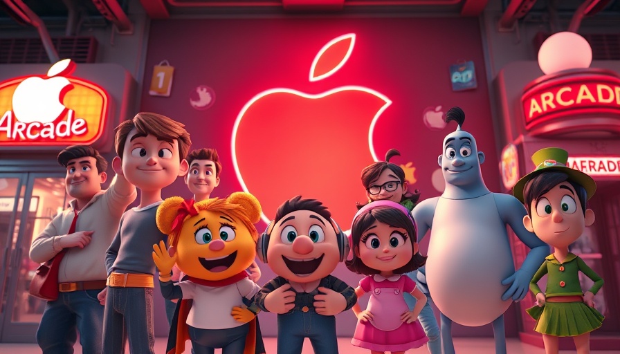 Animated characters in front of Apple Arcade sign, showcasing new games.