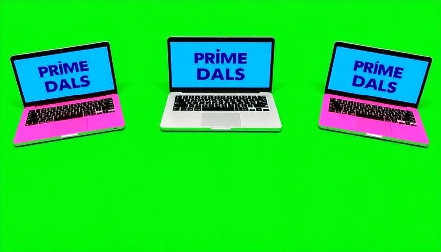 Colorful laptops with 'Prime Day Deals' text for action camera discounts.