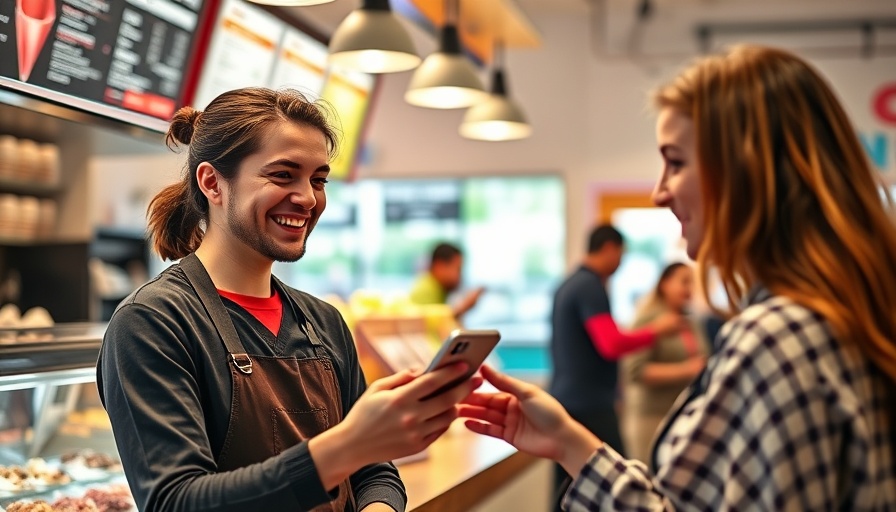 Customer making contactless payment for ice cream at modern shop.