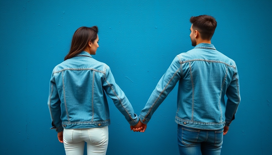Casually dressed couple holding hands, denim jackets, Christian singles dating trends.