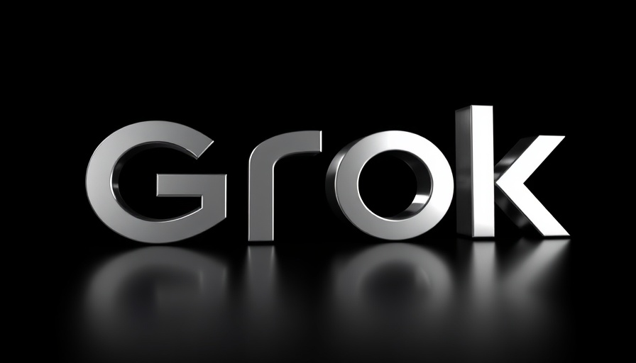 3D Grok logo rendering against a reflective surface.