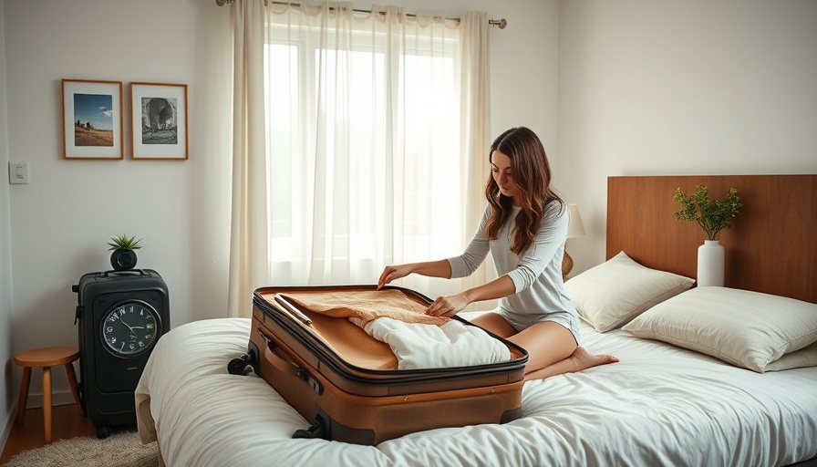 Woman organizing travel essentials on a bed in a cozy room.