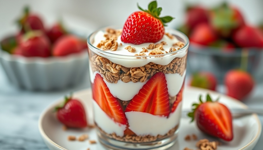 Close-up of a no-bake strawberry parfait with layers of yogurt, strawberries, and granola.