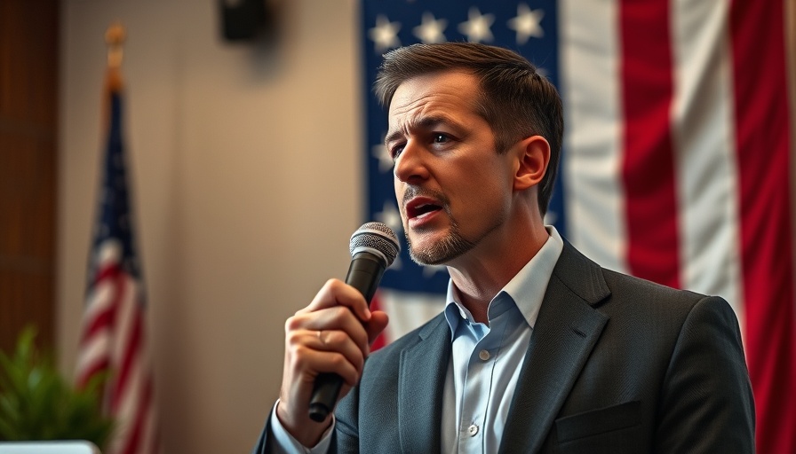 Engaged businessman discussing AI bank fraud indoors with flag backdrop.