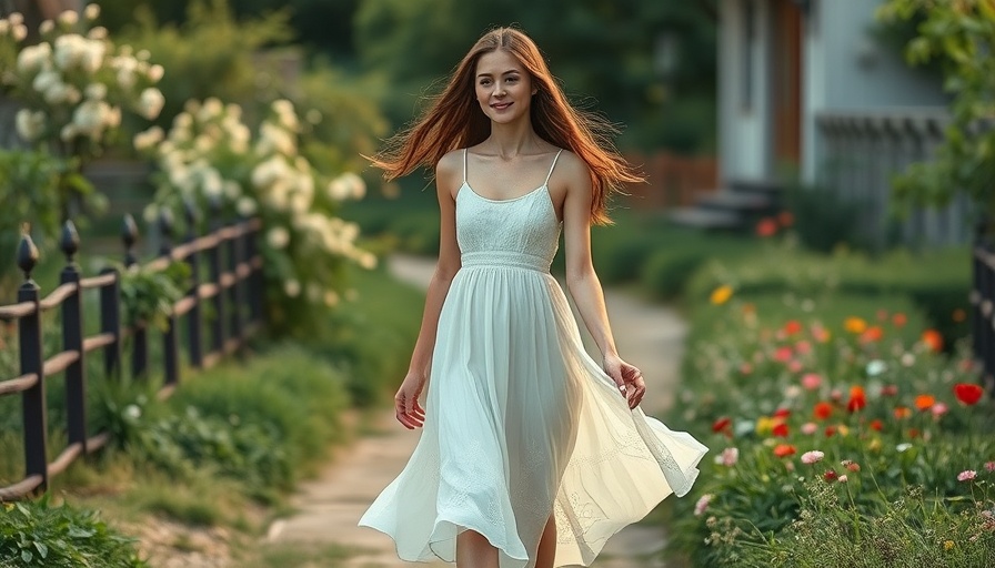 Young woman in a summer dress walking in a garden, hot weather outfits.