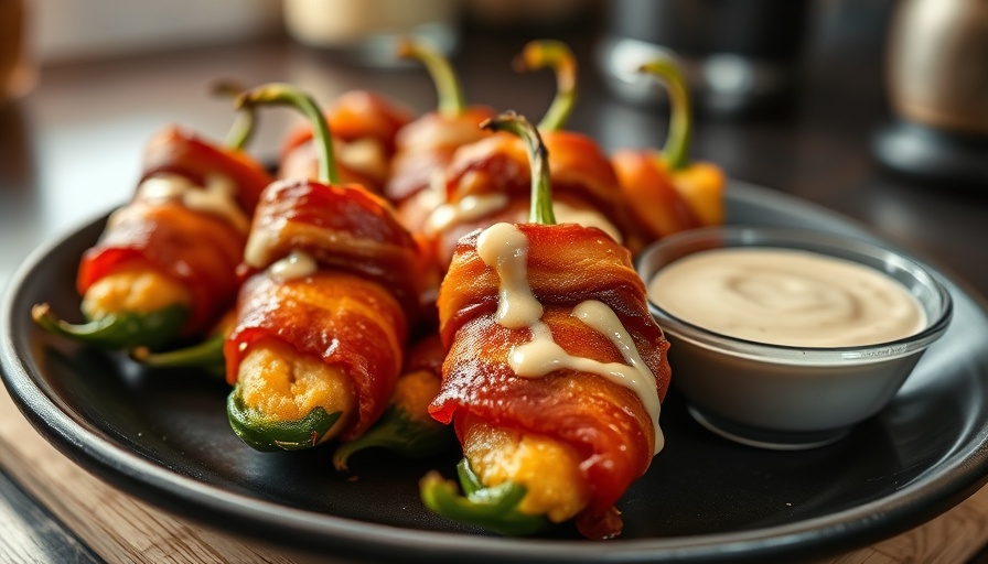 Crispy bacon wrapped jalapeno poppers with dipping sauce on a plate.