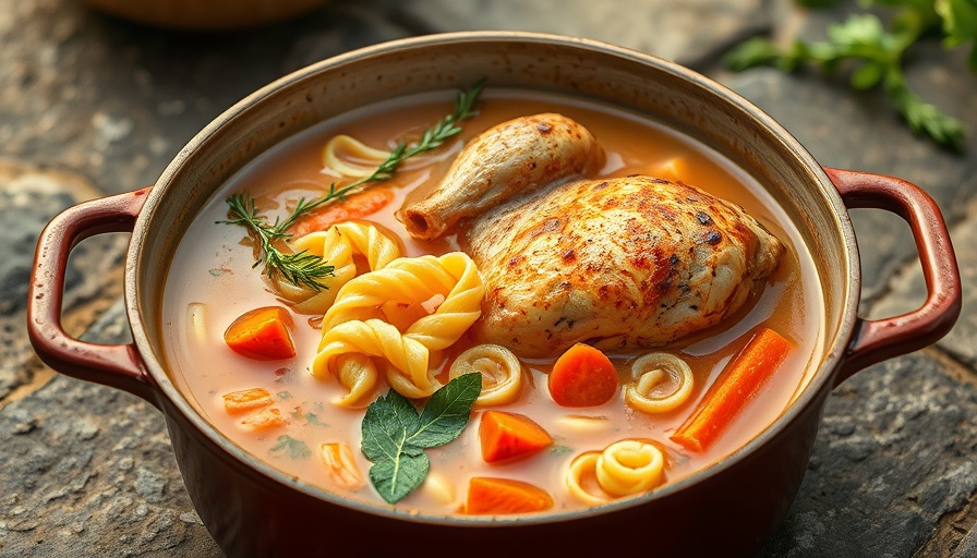 Rotisserie chicken soup with pasta and carrots in a pot.