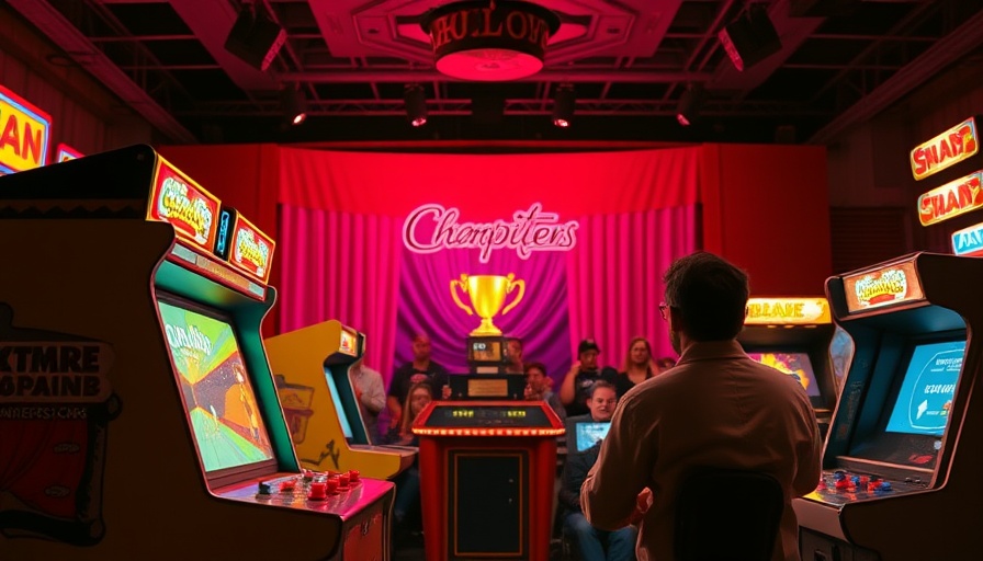 Retro arcade gaming championship scene with vibrant colors and cheering crowd.