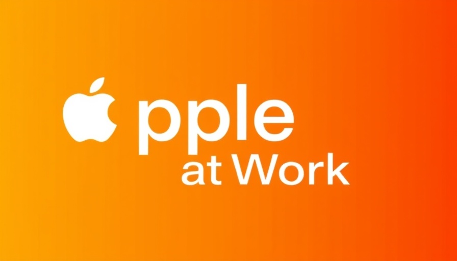 Apple logo with text on orange gradient background.