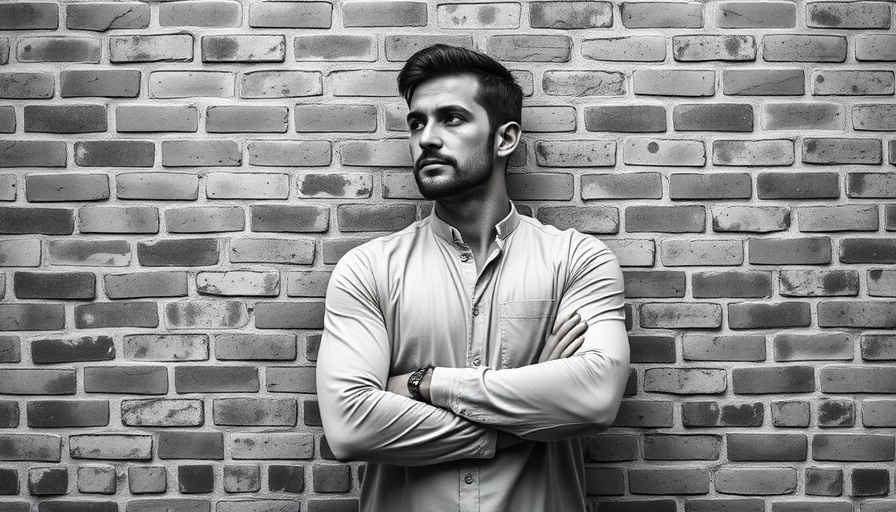 Thoughtful man in casual attire against brick wall.