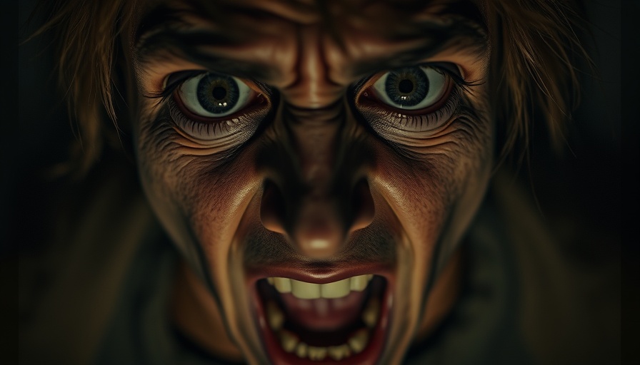 Terrified face in a horror scene, cinematic and eerie.